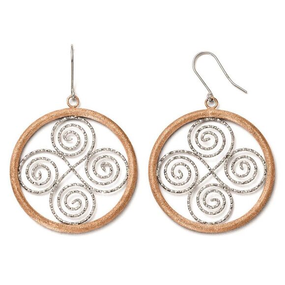 35mm Sterling Silver & Rose Gold Tone Scroll & Circle Dangle Earrings - Picture 1 of 3